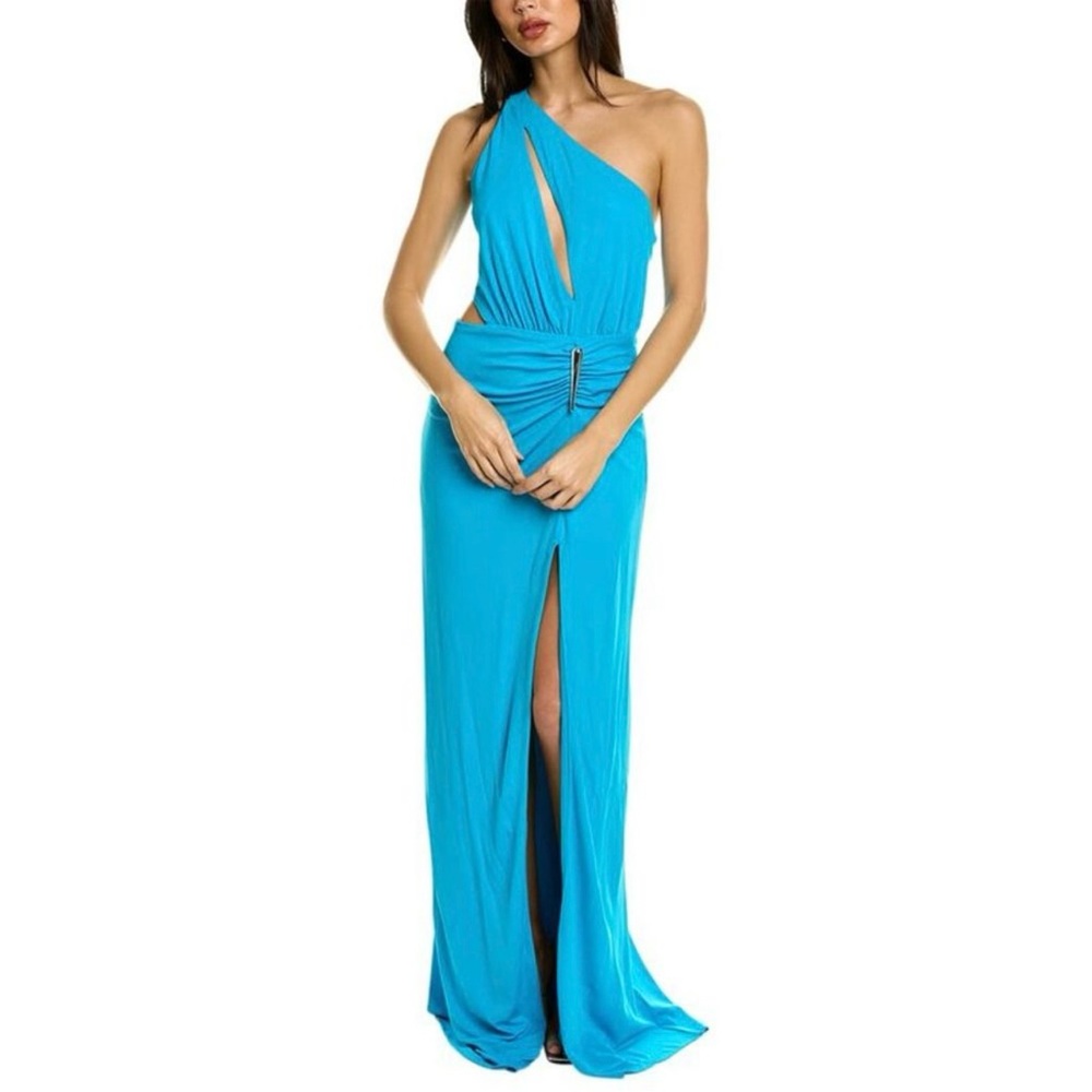 NWT Halston Ivanna Grecian Matte Jersey Aqua Turquoise Blue Formal Gown Dress - Picture 3 of 16